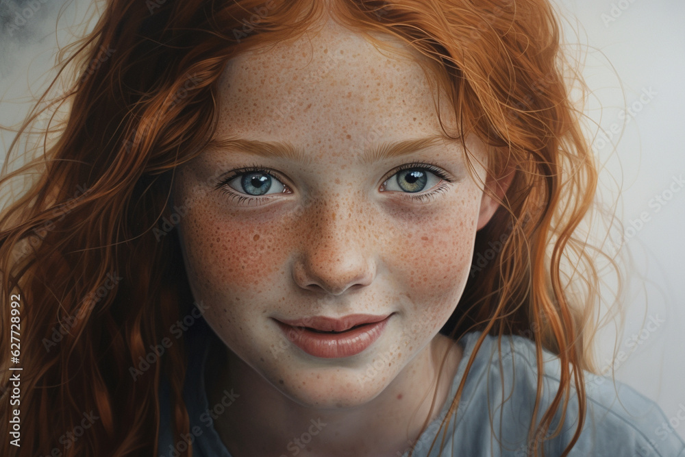 A hyperrealistic portrait of a young girl with sparkling blue eyes and a mischievous smile, her freckles meticulously rendered Generative AI