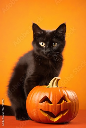 Fluffy cute black cat with pumpkin jack o lantern on bright orange background. Halloween autumn concept. Copy space. Vertical background