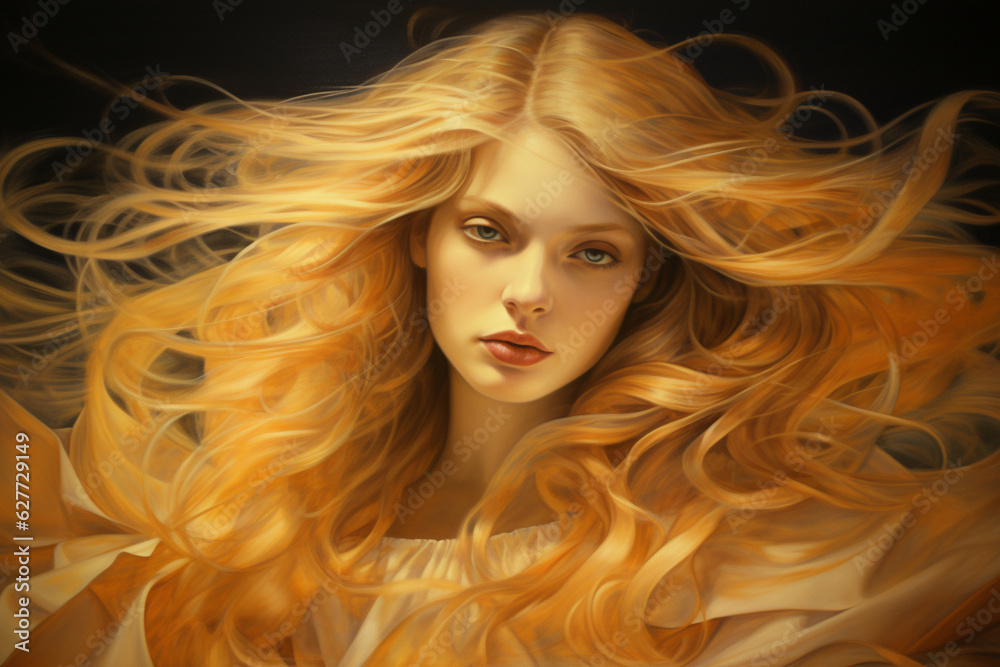 The incredible detail of a hyperrealistic portrait capturing the grace and elegance of a woman with flowing tresses of golden hair Generative AI
