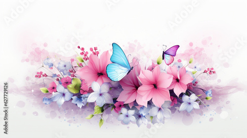 Digital scene purple red and pink flower and gold butterfly white background
