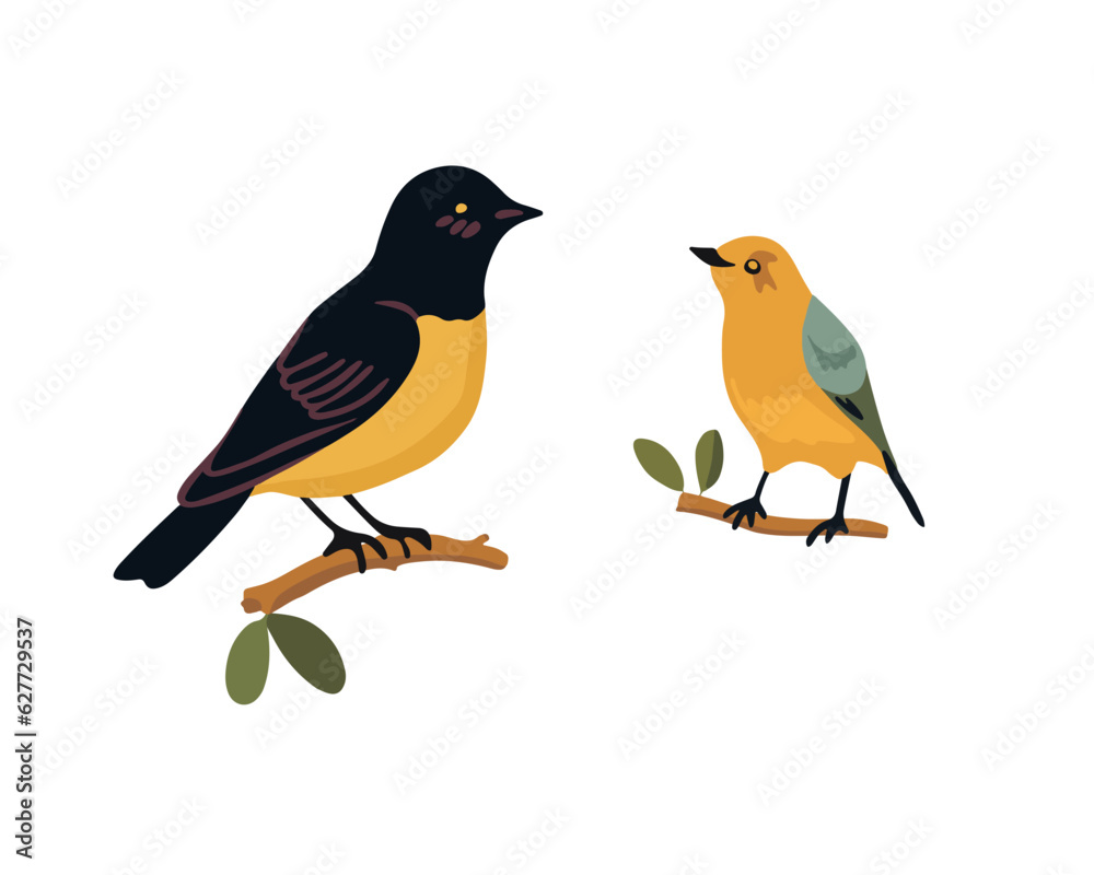 Vector isolated illustration of two birds sitting on a branch on a white background.