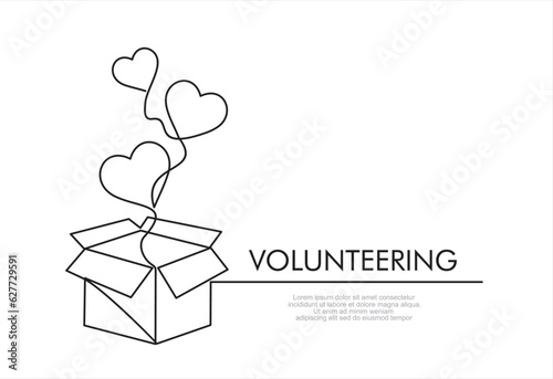 continuous One line drawing of donate box with heart. Concept of help support and volunteer activity in simple linear style. 