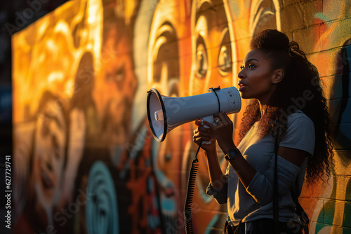 Young African American woman shouting through megaphone while being on anti-racism protest © Oleksandr Kozak