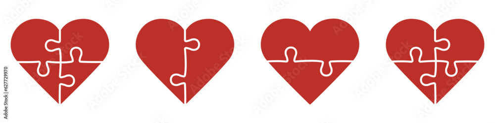 Puzzle Combination in Heart Shape Silhouette Icon. Red Greeting Card for Valentine's Day, Puzzle and Love Solid Sign. Jigsaw Pieces Match Together Glyph Pictogram. Isolated Vector Illustration Puzzle Combination in Heart Shape Silhouette Icon. Red Greeting Card for Valentine's Day, Puzzle and Love Solid Sign. Jigsaw Pieces Match Together Glyph Pictogram. Isolated Vector Illustration