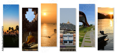 Photography Traveling around Thailand in collage with several shots on white background