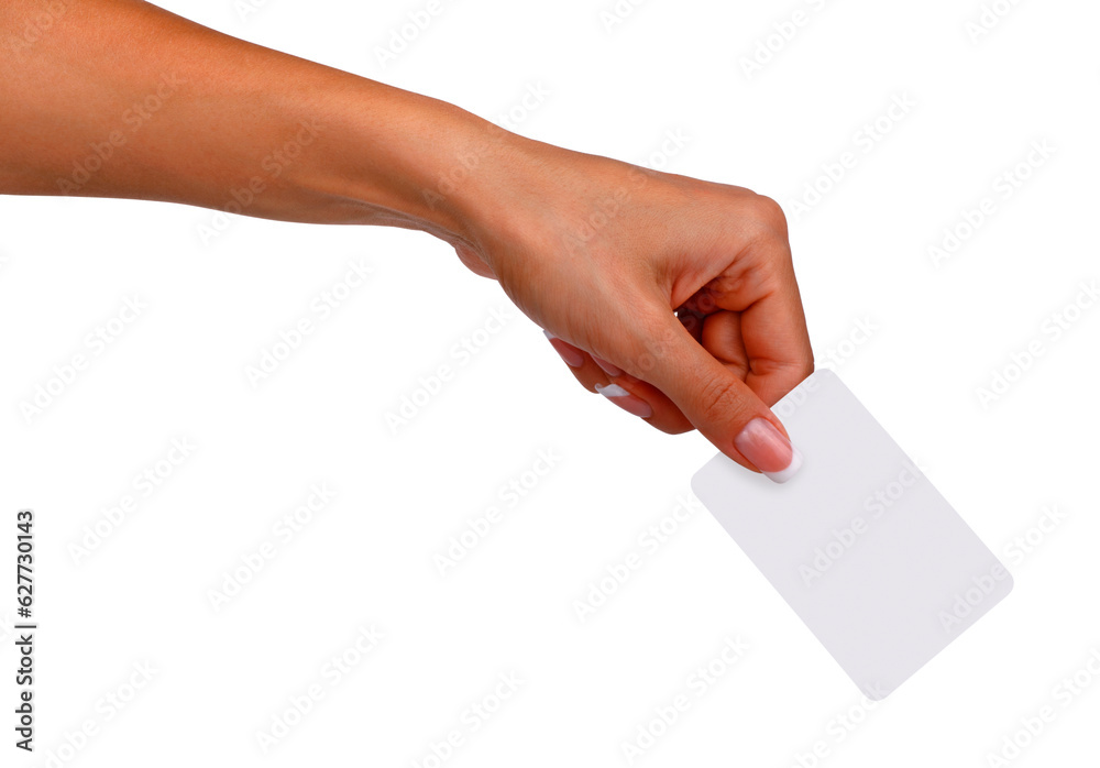 Female hand with a blank card isolated on white background.