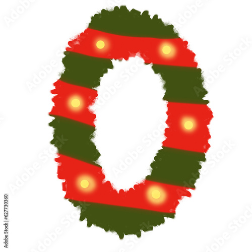 Numbers 0-9 inspired by Christmas with red and green symbols and lights.