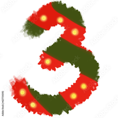 Numbers 0-9 inspired by Christmas with red and green symbols and lights.