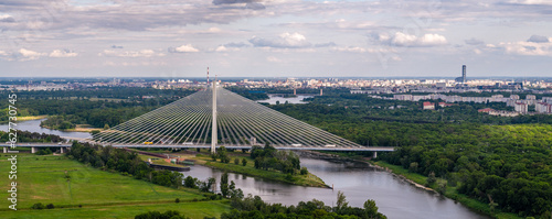 Aerial panorama of Odra river, Redzinski bridge and Wroclaw city