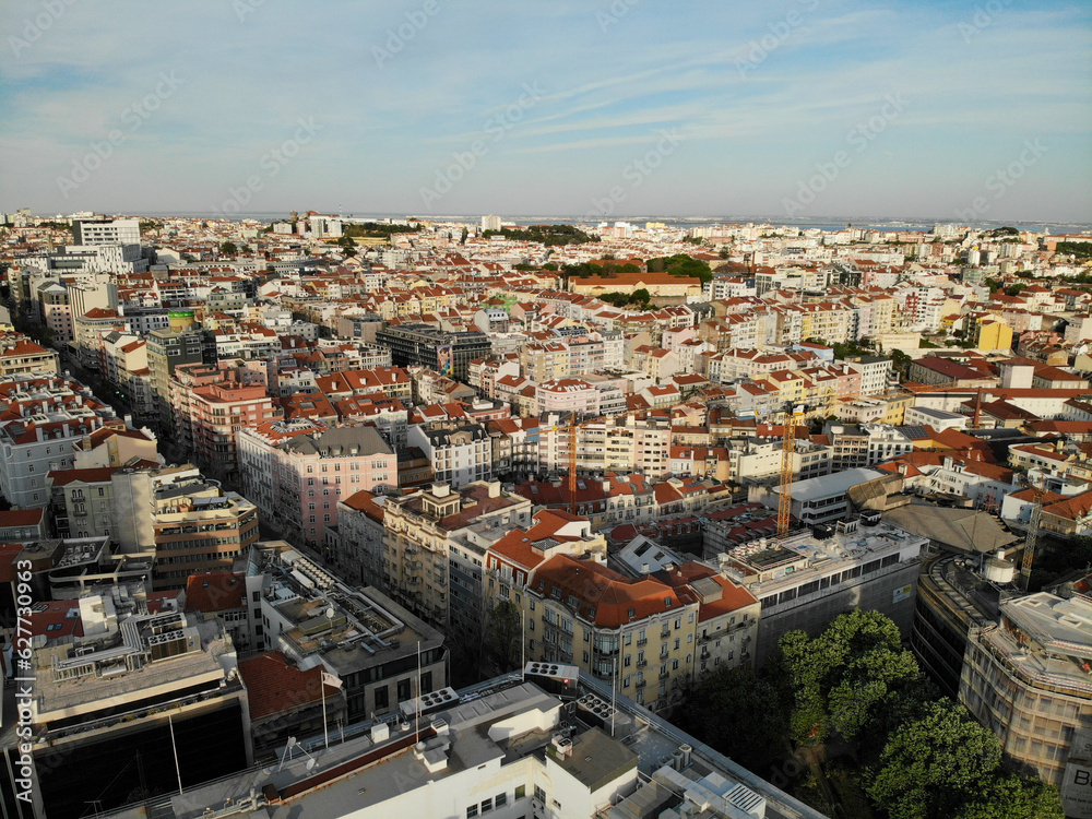 Aerial view Lisboa city center. Roofs and housesAerial drone view. Flying over. High quality photo