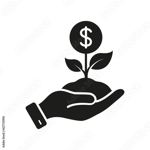 Increase Income, Financial Profit and Success Silhouette Icon. Growth Money Glyph Pictogram. Wealth Solid Sign. Dollar Coin in Plant Shape in Human Hand Symbol. Isolated Vector Illustration
