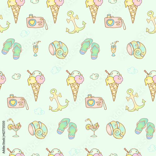 Seamless vector pattern - ice cream, photo camera, sea shells, cocktails. Vacation mood. Sweet summer.