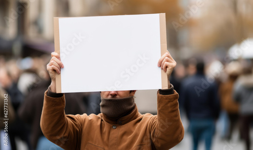 A political activist protesting holding a blank placard sign banner at a protest photo