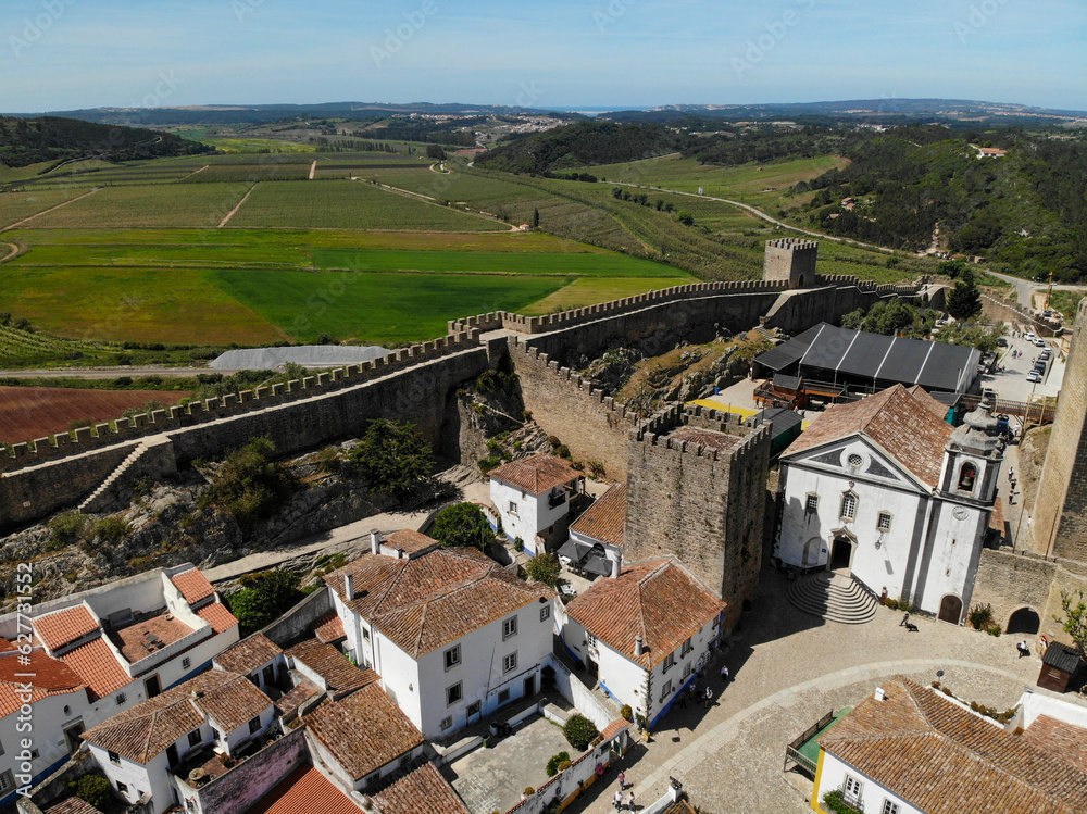 Castle of Obidos, Portugal. Aerial drone view. Flying over. High quality photo