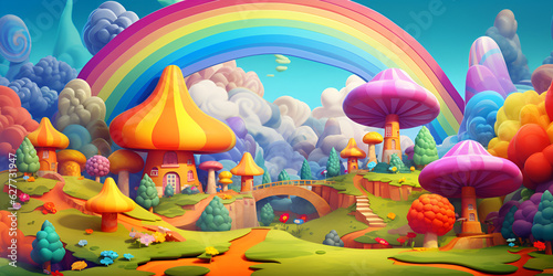 A colorful fantasy world with a rainbow and a mushroom house  A city of mushrooms with a rainbow bridge Fantasy concept   