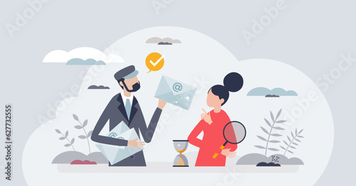 Email marketing with targeted promotion letter delivery tiny person concept. Correspondence distribution with postman as reliable and personalized promotion offer vector illustration. Direct message.