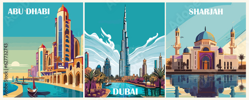 Photo Set of Travel Destination Posters in retro style