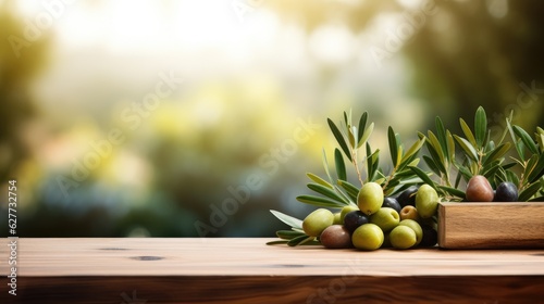 Wooden table with olives fruits and free space on nature blurred background. Generative AI