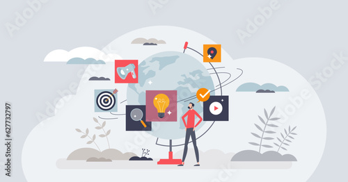 Digital marketing for international or global advertising tiny person concept. Worldwide network with ads, internet banners or promotion with SEO search tools vector illustration. Web target audience