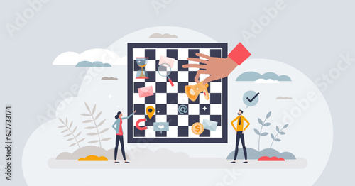 Marketing strategy with smart, effective business moves tiny person concept. Right advertisement, ads and promotion timing with scheduled budget spending for maximal sales effect vector illustration.
