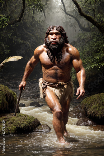 homo sapiens neanderthalensis prehistoric man illustration, generative ai