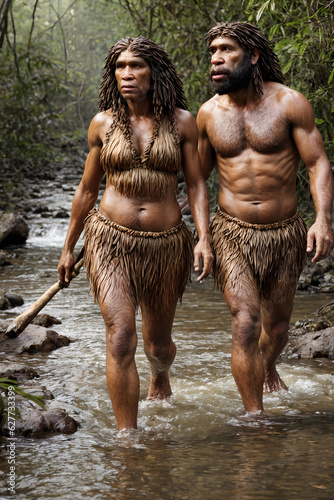 homo sapiens neanderthalensis prehistoric couple illustration, generative ai