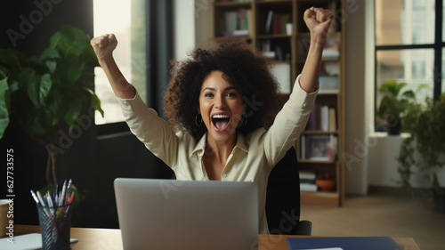 Cheerful businesswoman smiling and celebrating victory while sitting at desk and working at laptop after completing project in home office. generative AI