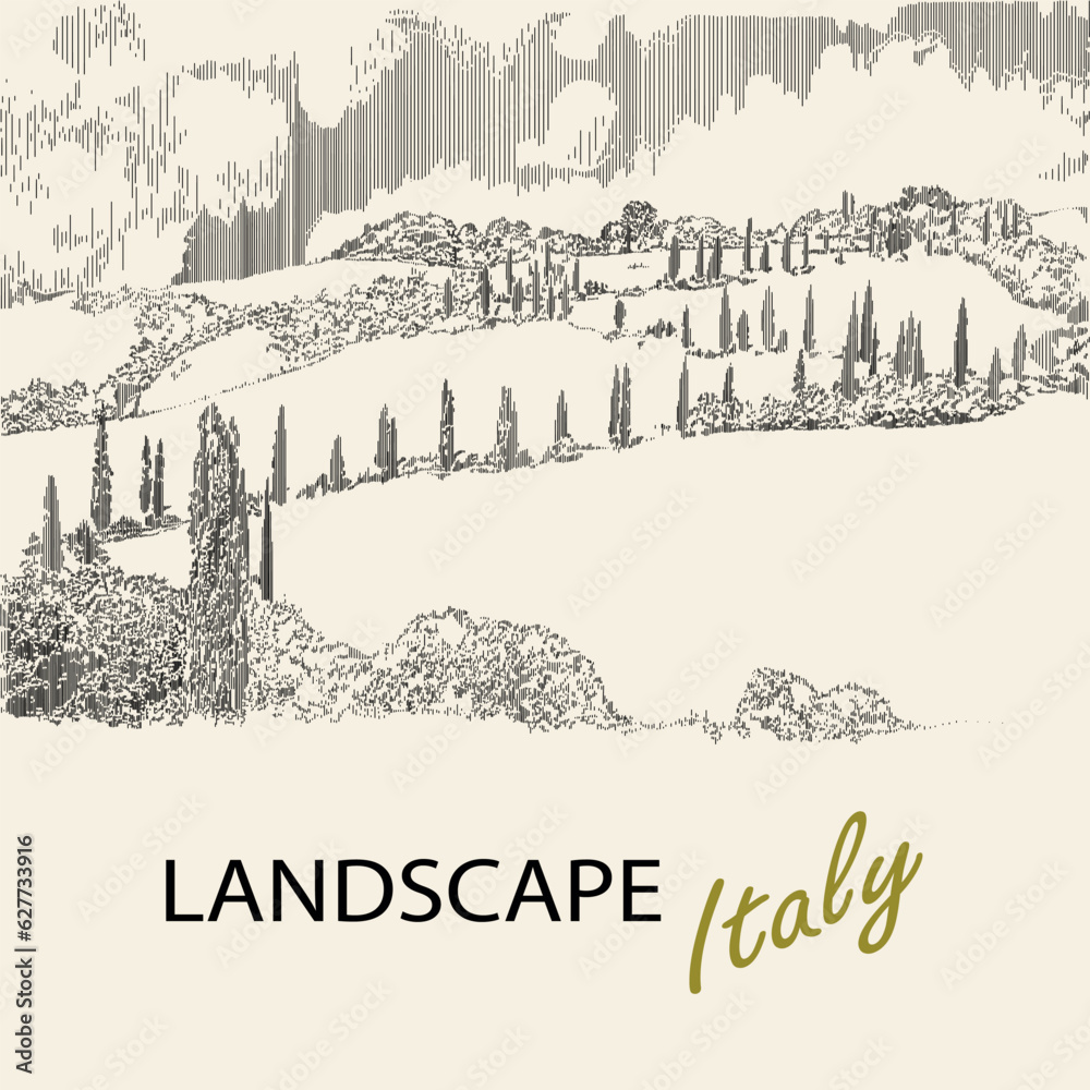 Rural Italian landscape in panoramic format . Hand-drawn illustration in the style of engraving.