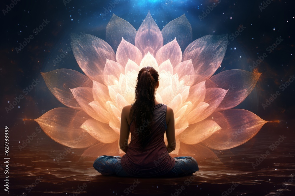 Serenity in the Stars: Back view of female in a lotus pose with a glowing galaxy, Generative AI