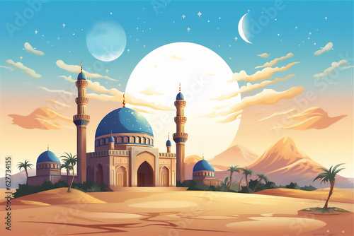 mosque at sunset illustration with mandala art style, create using generative AI © Maizal