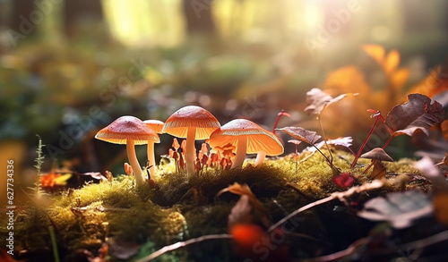 beautiful closeup of forest mushrooms in grass, autumn season. little fresh mushrooms, growing in Autumn Forest. mushrooms and leafs in forest. Mushroom picking concept. Magical colorful yellow 
