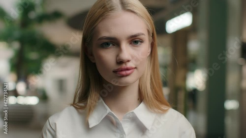 Portrait businesswoman Caucasian woman saleswoman in shopping mall business center trading retail company female girl shop assistant consultant executive manager customer client shopper in supermarket
