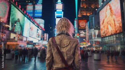 Back view of a woman at times square new york at Night