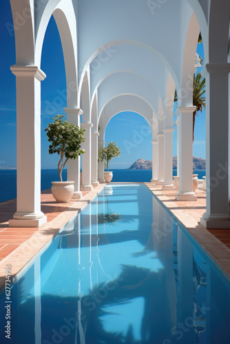 A long pool in a building with a view of the ocean. © Friedbert