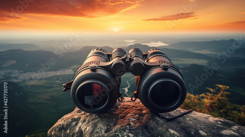 Binoculars rest on top of a rocky mountain during sunset