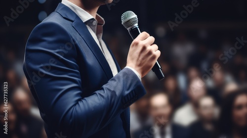 peaker man holding microphone speaking on stage in front of audiences in hall, Generative AI photo