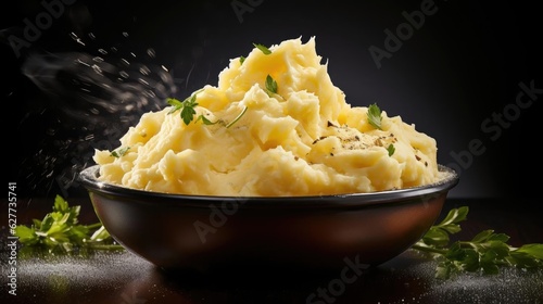 mashed potatoes with sprinkled green leaves on table with blurred background