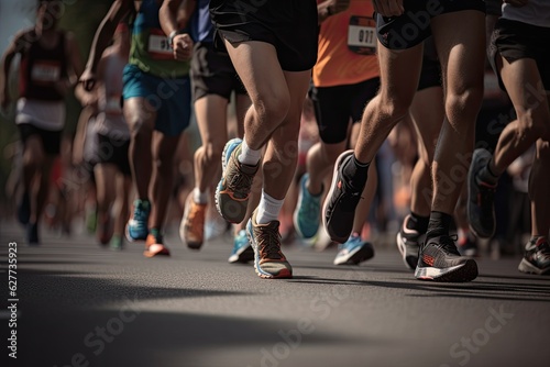 A group of sports runners participate in a difficult marathon race, close-up of the legs running on the road.