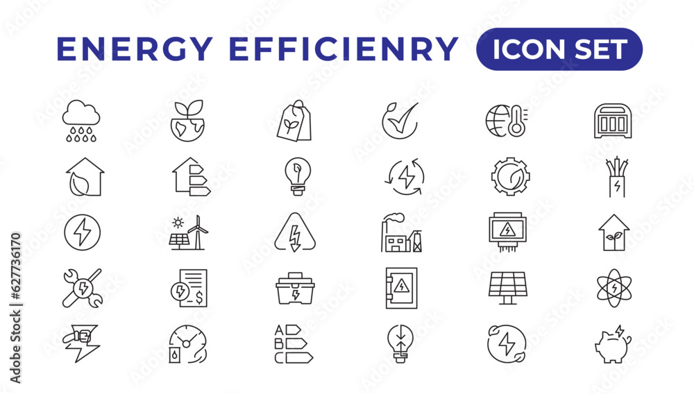 Energy efficiency icon set. Calculator, energy-saving light bulb, piggy bank, solar panel, circular economy, battery, home insulation, energy class vector illustration Energy efficiency icon set. Calculator, energy-saving light bulb, piggy bank, solar panel, circular economy, battery, home insulation, energy class vector illustration