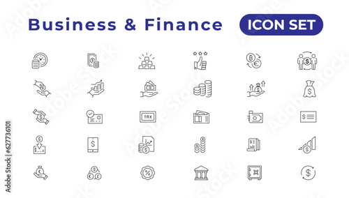 Finance icon set. Containing loan, cash, saving, financial goal, profit, budget, mutual fund, earning money and revenue icons