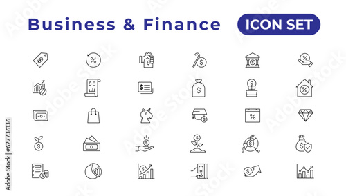 Finance icon set. Containing loan, cash, saving, financial goal, profit, budget, mutual fund, earning money and revenue icons