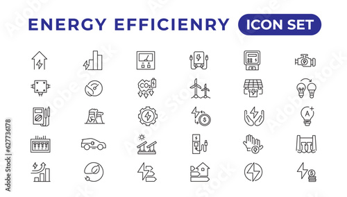 Energy efficiency icon set. Calculator, energy-saving light bulb, piggy bank, solar panel, circular economy, battery, home insulation, energy class vector illustration