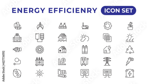 Energy efficiency icon set. Calculator, energy-saving light bulb, piggy bank, solar panel, circular economy, battery, home insulation, energy class vector illustration