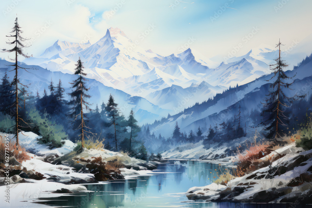 Watercolor beautiful mountains. AI generative.