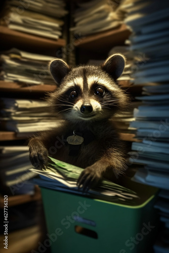 Cheerful Raccoon Amidst a Pile of Office Files and Documents - AI generated