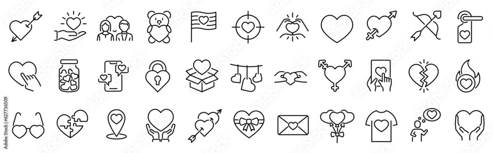 Set of outline icons related to love, heart, charity, relations, valentines day . Linear icon collection. Editable stroke. Vector illustration - obrazy, fototapety, plakaty 