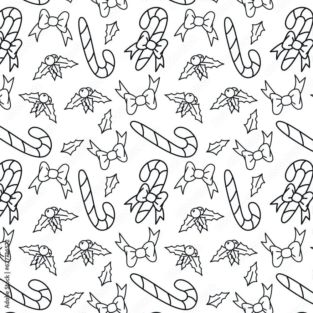 seamless pattern in line art style, on the theme of christmas and new year, elements of socks and bows. Patern on white background