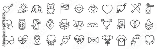 Set of outline icons related to love, heart, charity, relations, valentines day . Linear icon collection. Editable stroke. Vector illustration