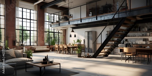 Empty loft apartment  industrial style  3d render