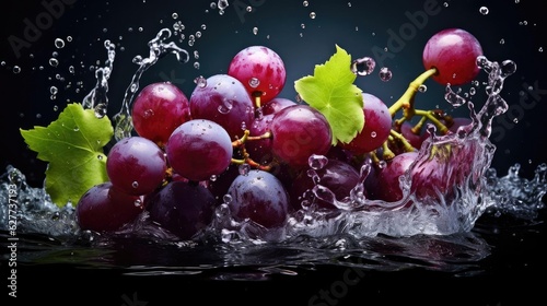 flying fresh grapes exposed to splashing water on black background and blur